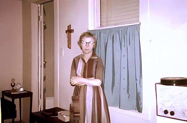 Mom visits my room. Note the window into the rest of the house, and the famous hi-fi.