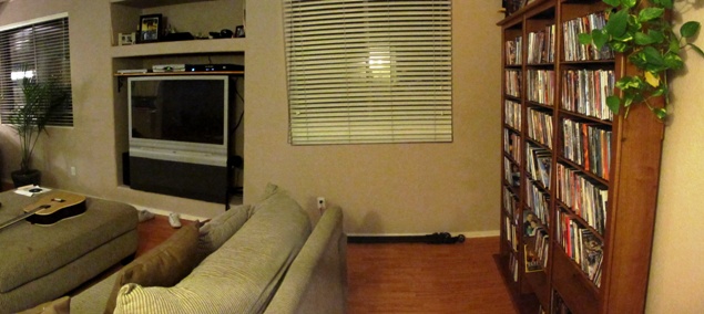 DVD case in relation to the family room/home theatre.