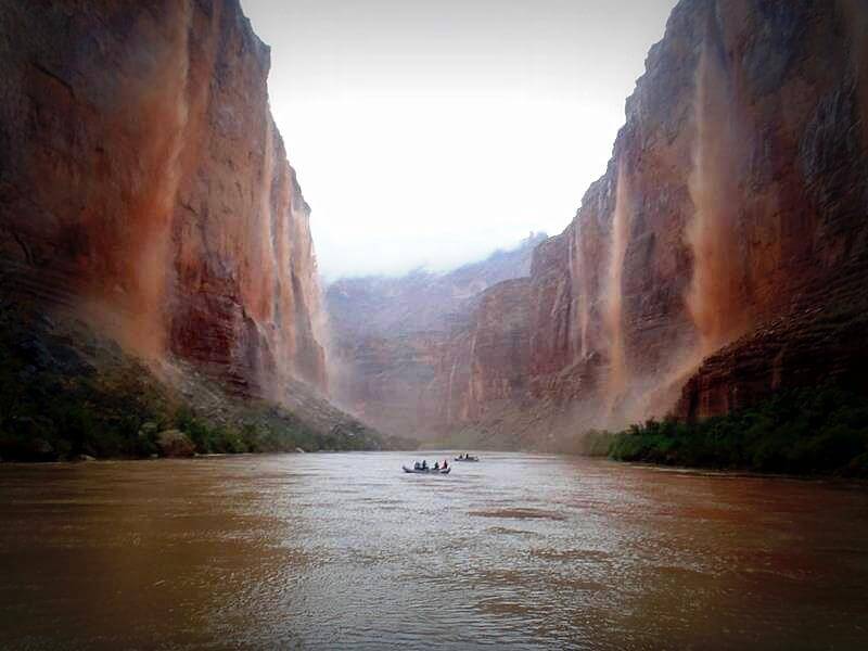 Canyon walls erupt in torrents.