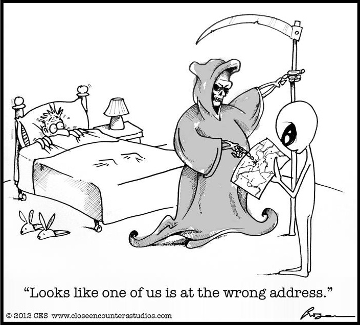 An alien and Death argue over who is to take the victim.