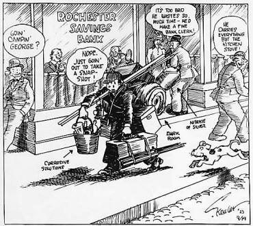 A 1914 newspaper cartoon, showing young Eastman before his invention simplified photography.