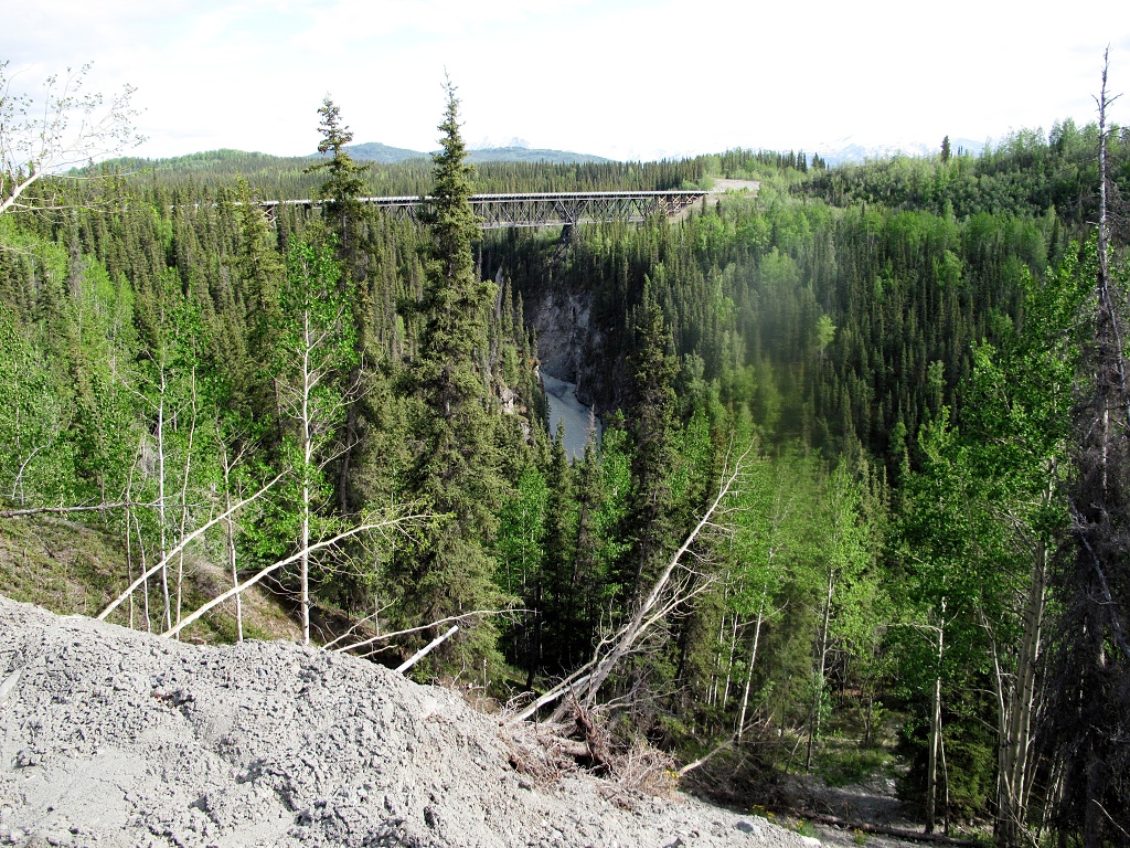 A former train trestle now serves as roadway bridge.