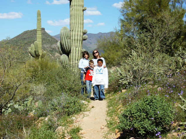 Jen, Zach, Karen, Chris, near a 120-year-old saguaro.