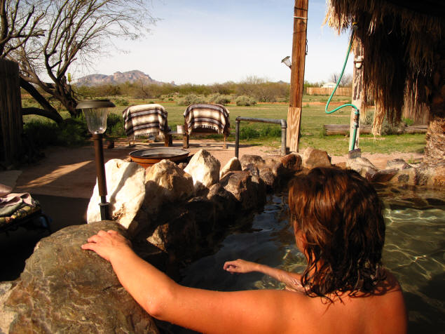Jenny enjoys the view from 'Sunset' soaking area.