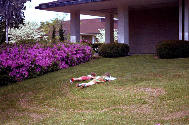 Jenny and Dottie 'reading' on the lawn.
