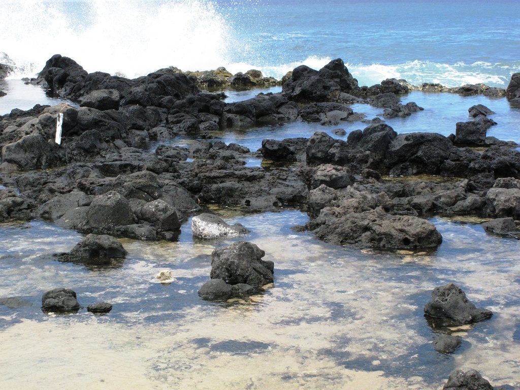 Waves pound against the lava rocks.