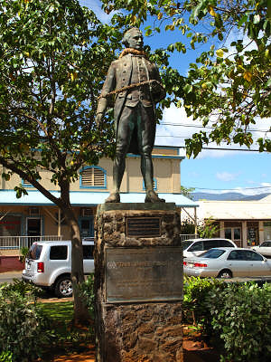 Statue of Captain Cook, whose first landing in Hawaii was here at Waimea.
